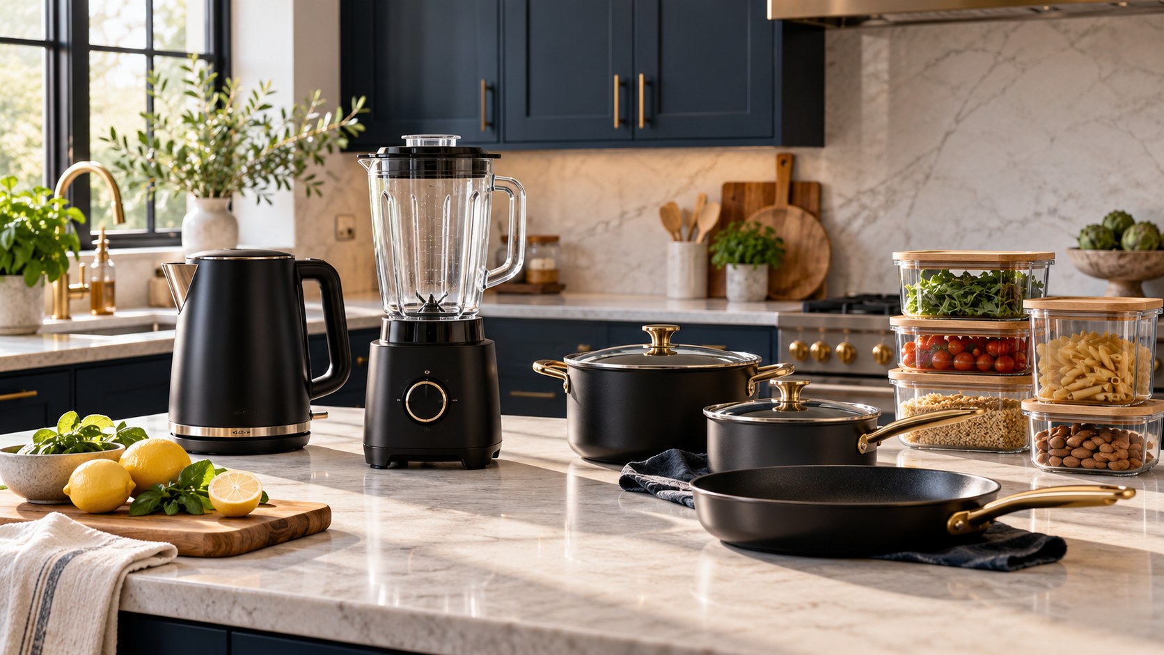 Kettle, blender, cookware and storage containers in a modern kitchen